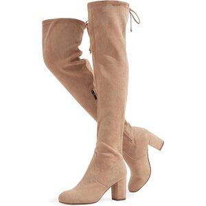 Women's Sand Suede Inner Zipper Thigh High Over The Knee High Square Heel Boots